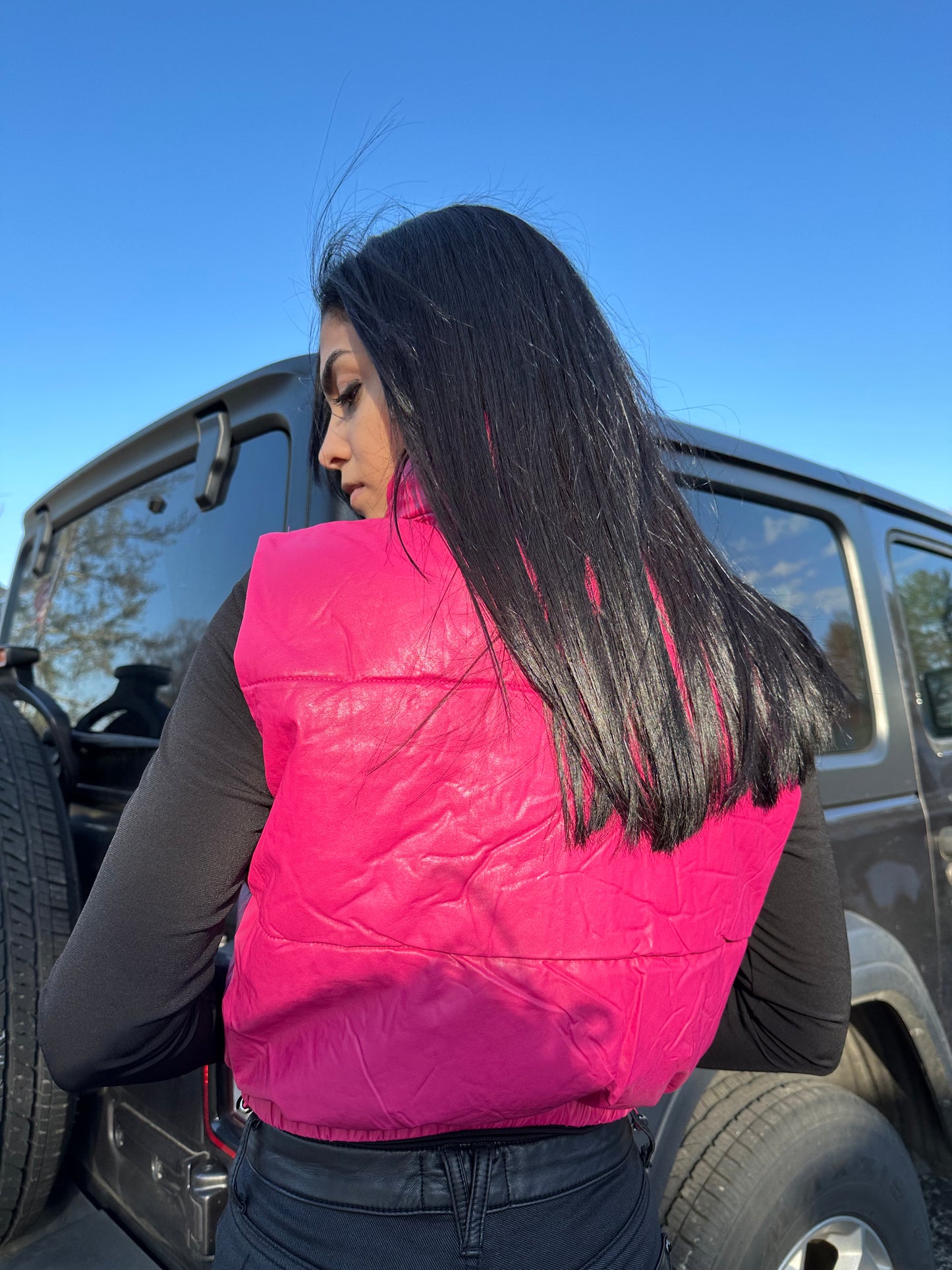 Pink Pleather Puffer Vest
