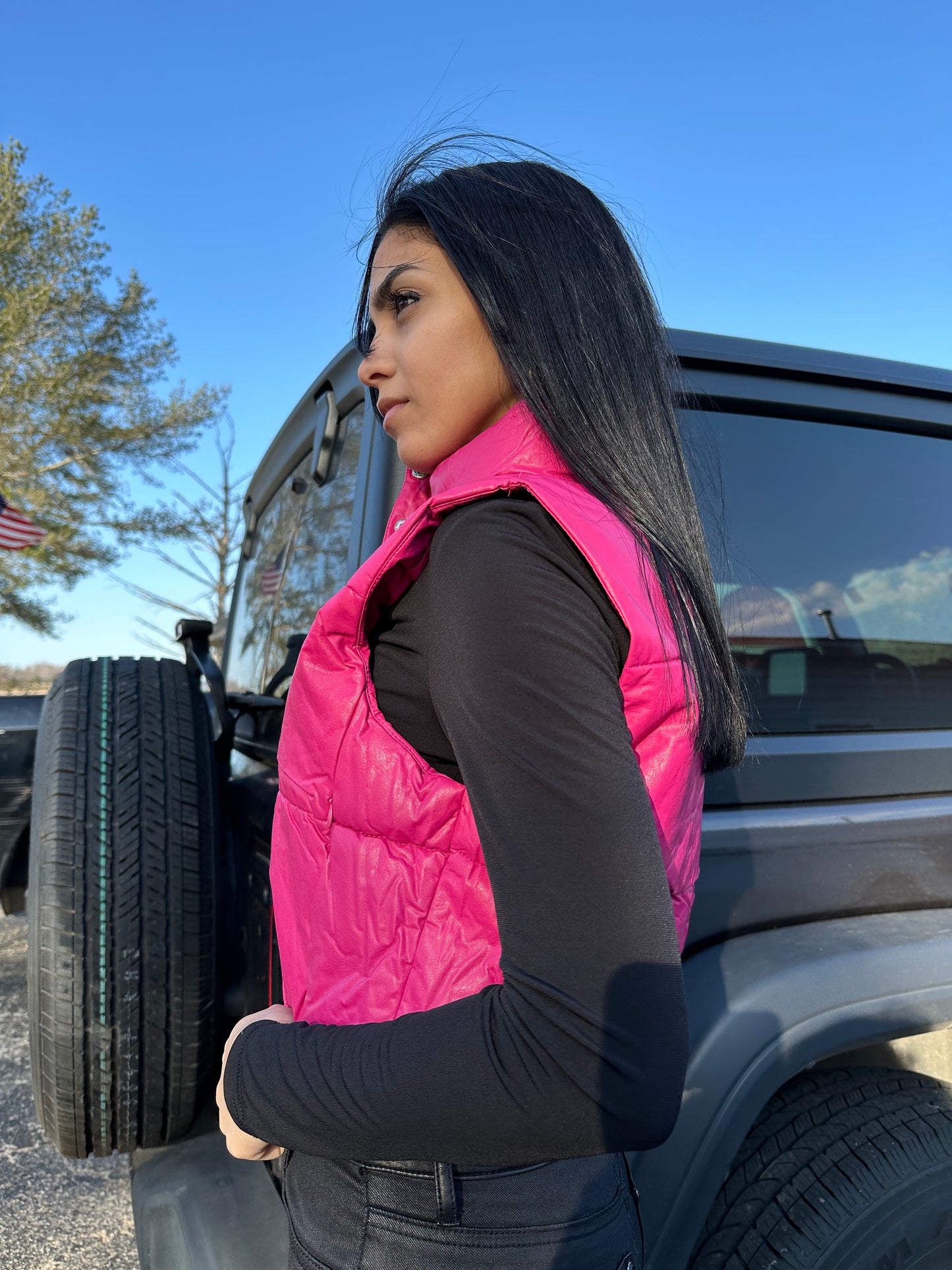 Pink Pleather Puffer Vest