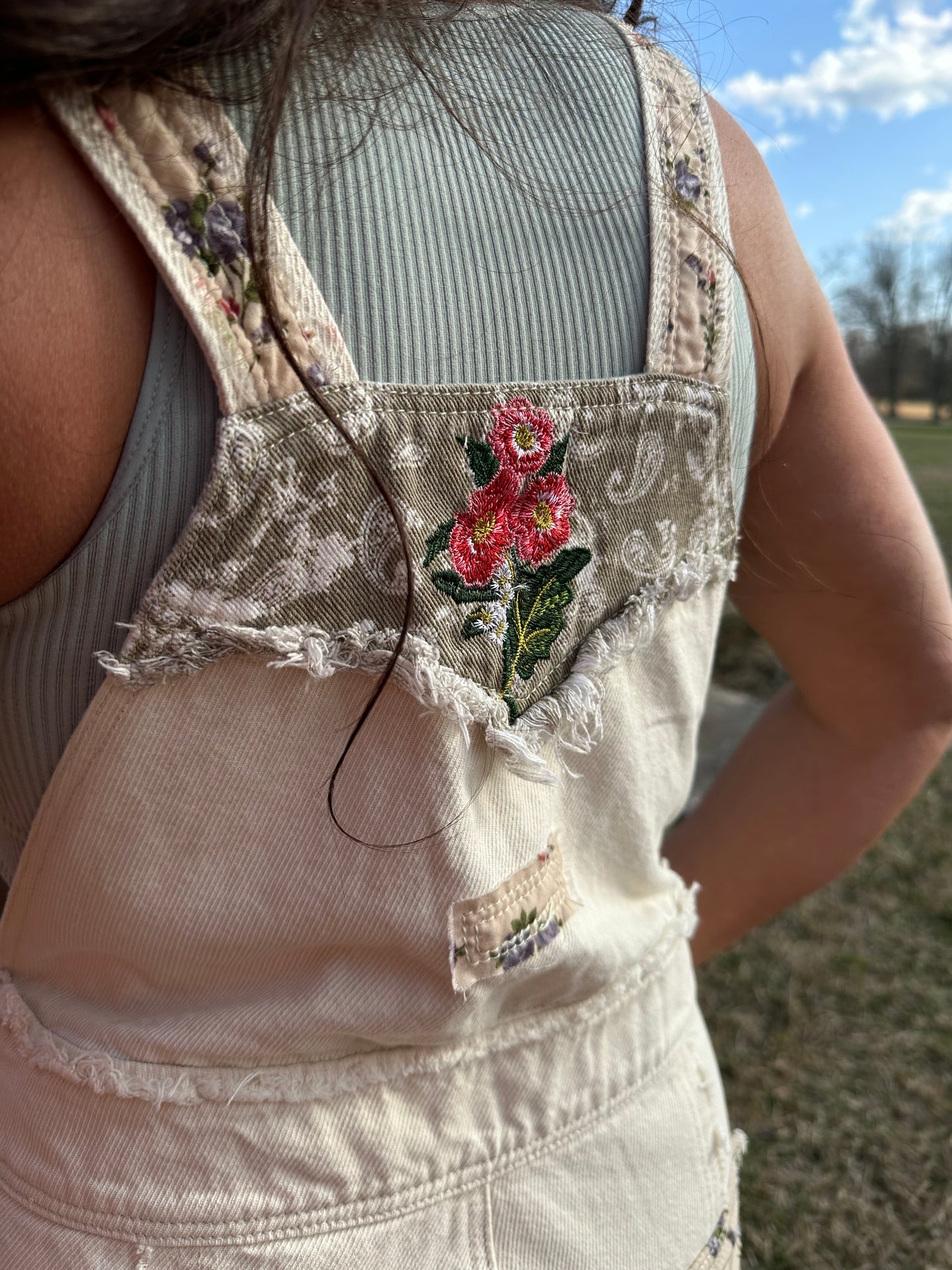 Ivory Floral Patch Overalls