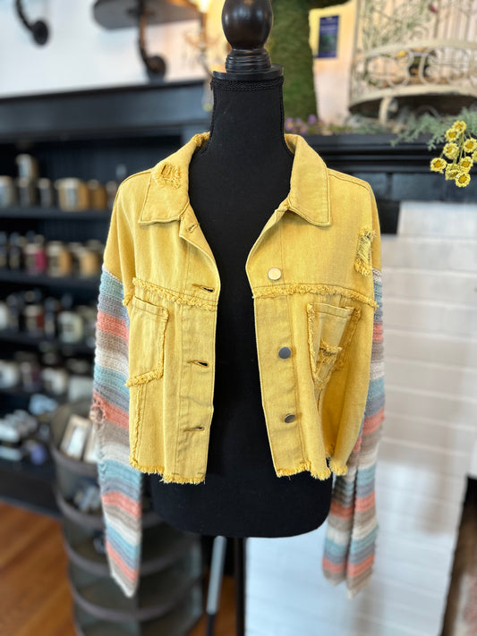Distressed Yellow Jacket w Knitted Sleeves