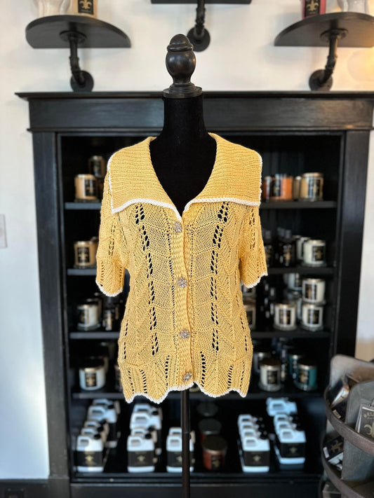 Knitted Yellow Sweater With Rhinestone Buttons