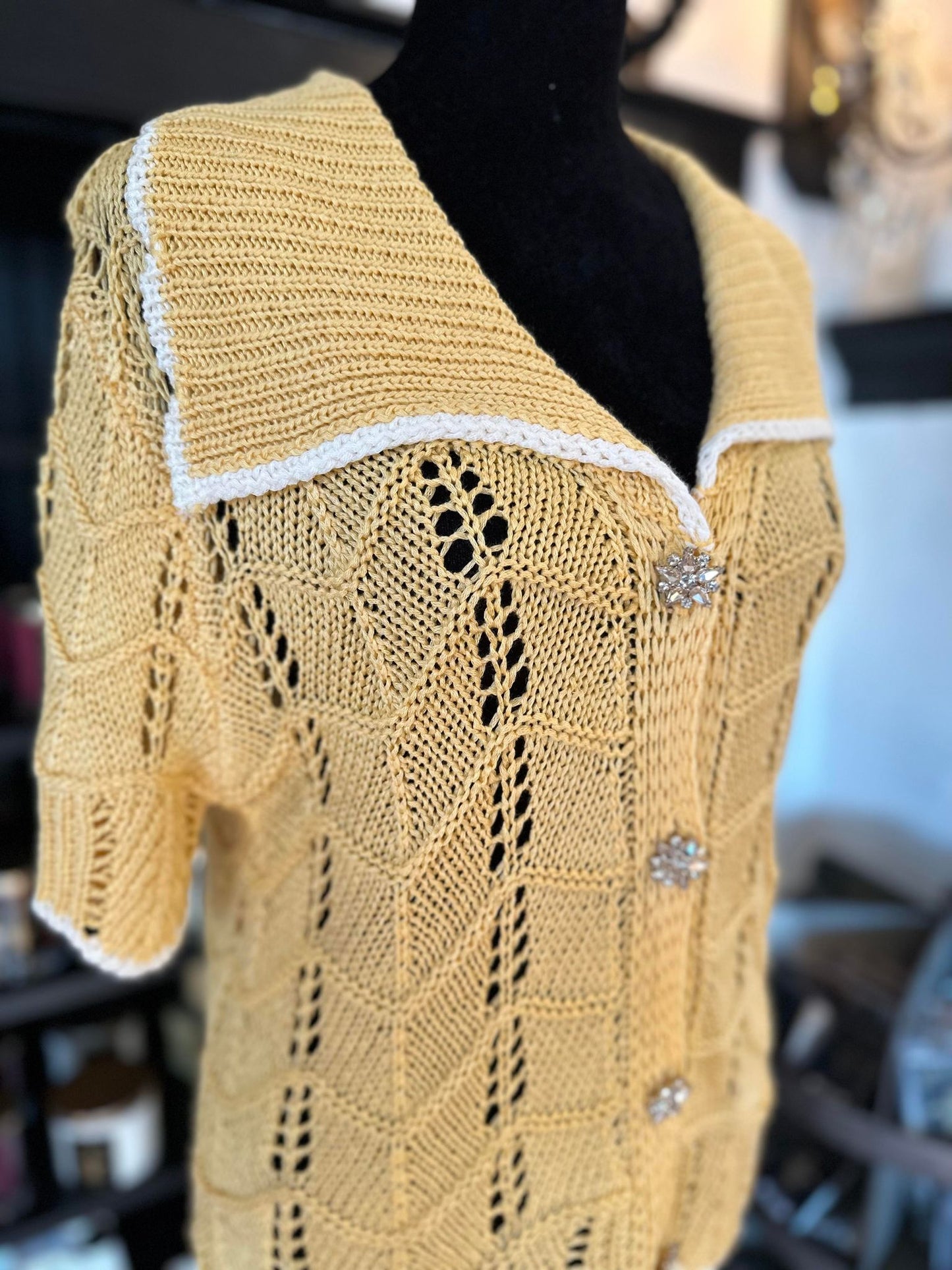 Knitted Yellow Sweater With Rhinestone Buttons