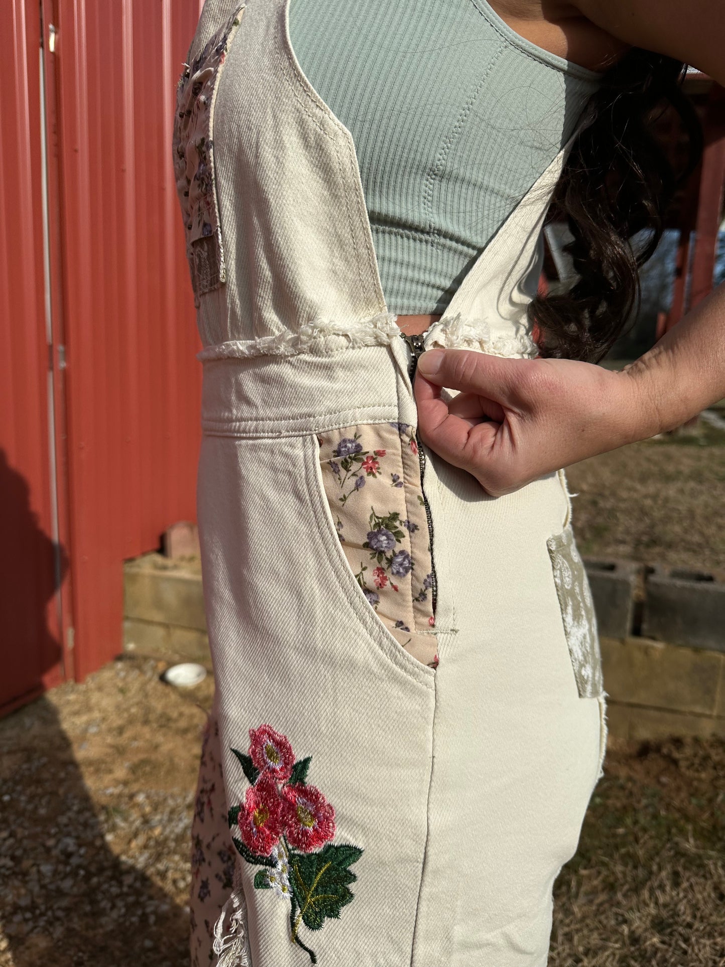 Ivory Floral Patch Overalls