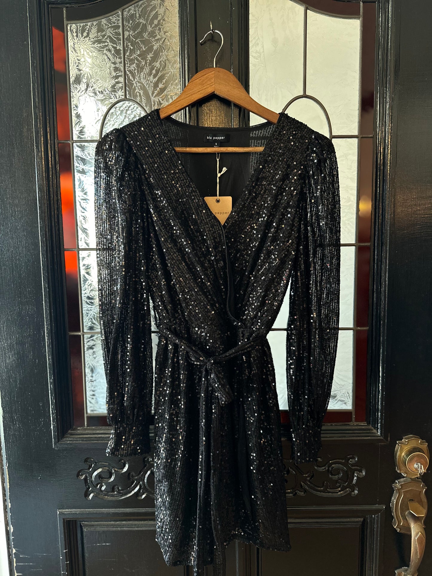 Black Belted Sequin Dress