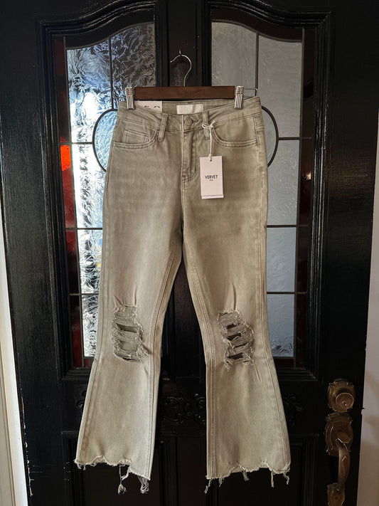 90's Vintage Green Crop Flare Jeans