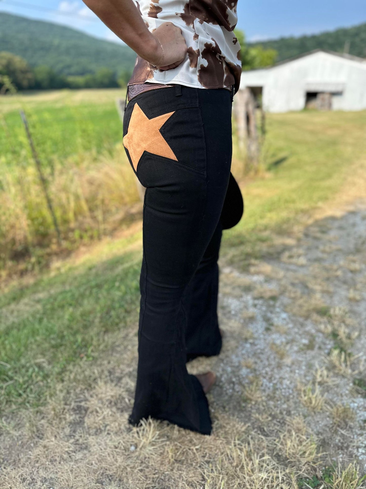 Black Western Pants with Brown Suede Star