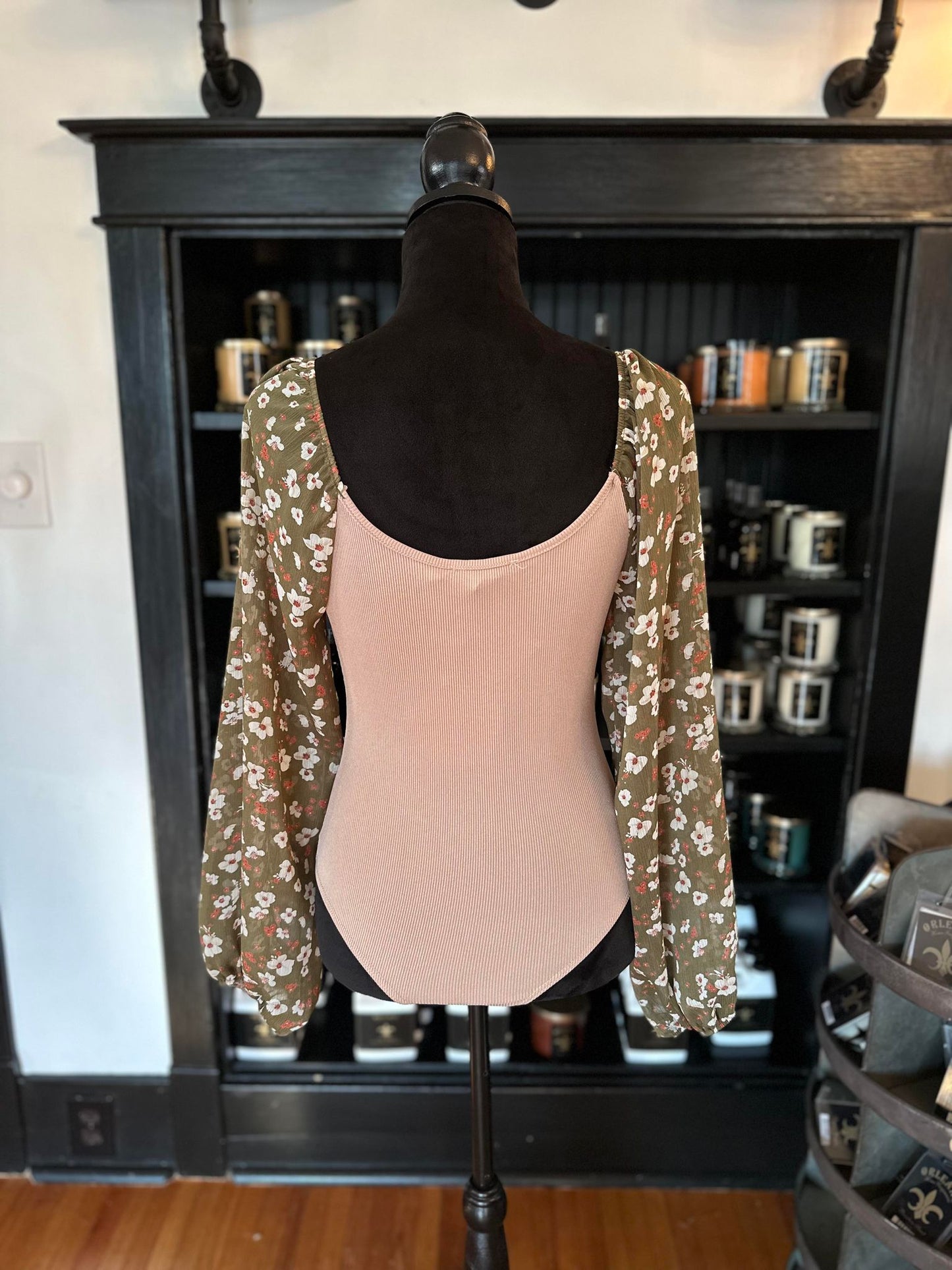 Mocha Body Suit W/ Floral Scarf Sleeves